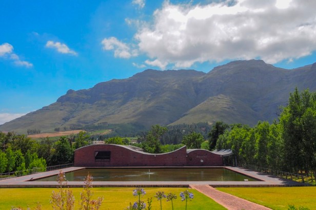 a view at Dornier Wines modern winery building in the Western Cape Winelands
