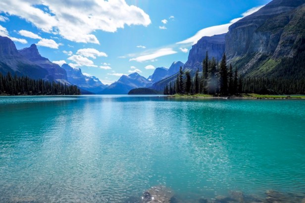 a view at Spirit Island in Jasper National Park, British Columbia, Canada