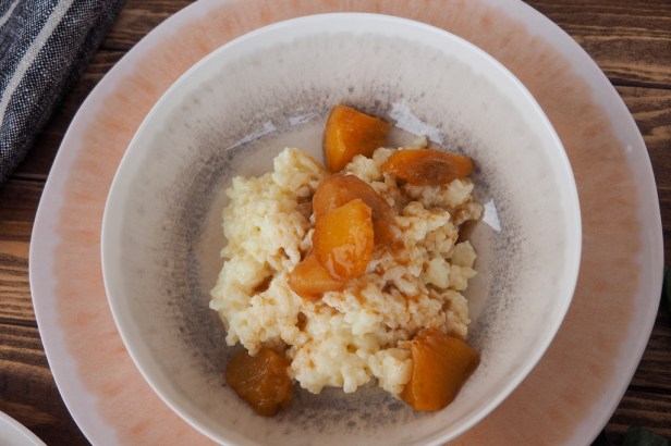 White chocolate rice pudding with peach compote