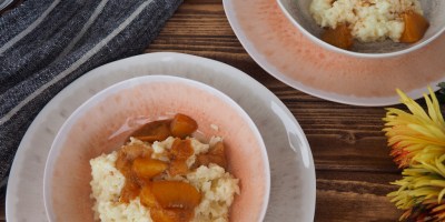 White chocolate rice pudding with peach compote
