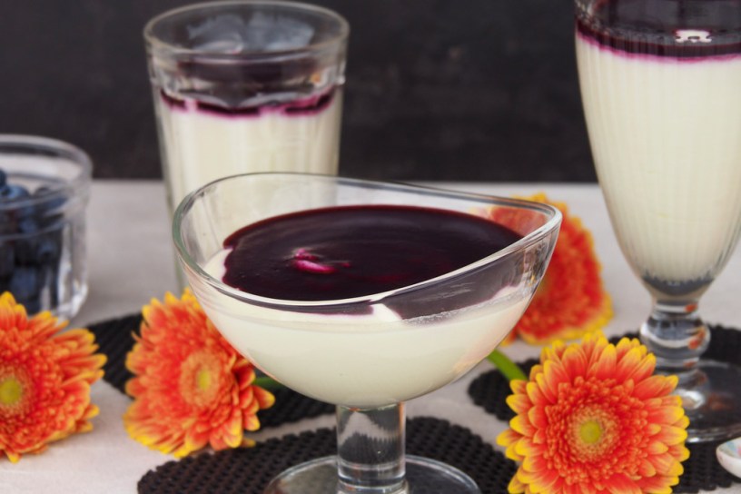 White chocolate coconut mousse with blueberry sauce