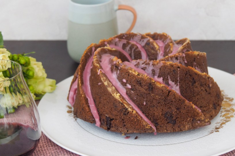 Red wine chocolate bundt cake with red wine icing