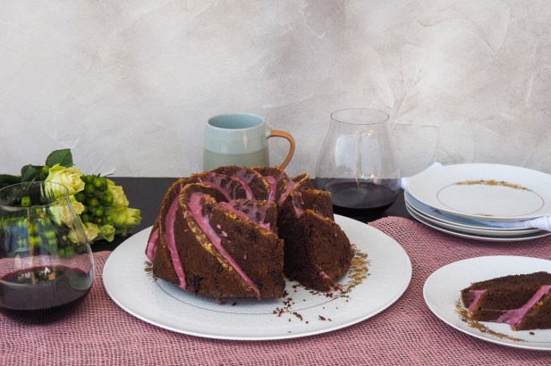 Red wine chocolate bundt cake with red wine icing