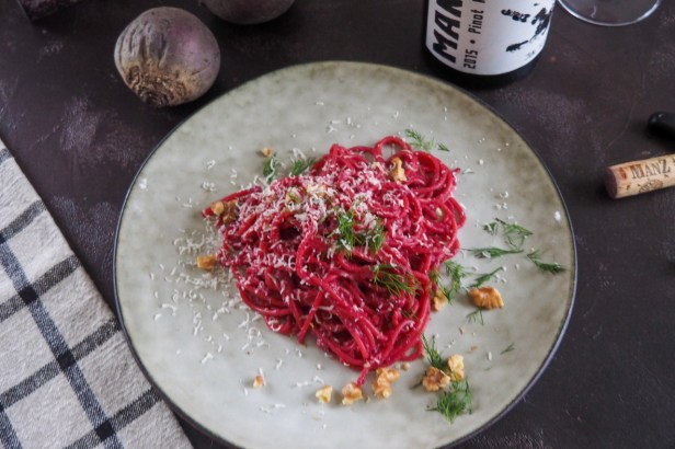 Celebrating Spaghetti Day With A Bottle Of Manz Pinot Noir Julius Kehr And A Big Bowl Of Beetroot Spaghetti