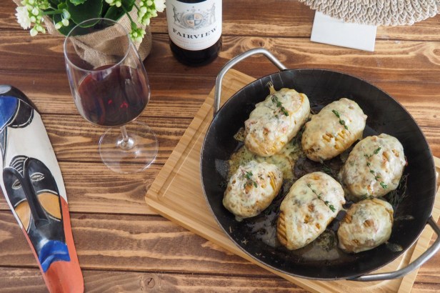 A bold red from South Africa: Fairview Cabernet Sauvignon paired with Hasselback Potatoes