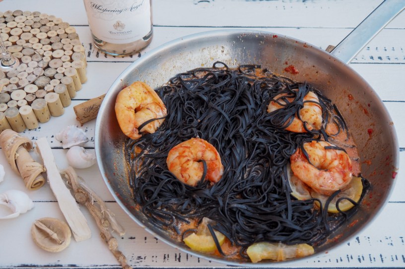 Food & Wine: Lemony squid ink tagliatelle with shrimp | Whispering Angel Cote de Province Rosé