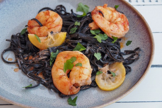 Food & Wine: Lemony squid ink tagliatelle with shrimp | Whispering Angel Cote de Province Rosé